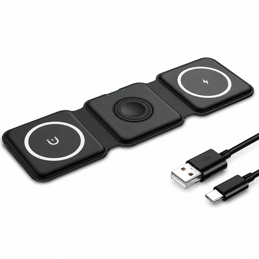 A black three-panel folding charger lies flat beside a USB-A to USB-C cable. White rings mark the outer charging pads, with a round watch charging area in the center.