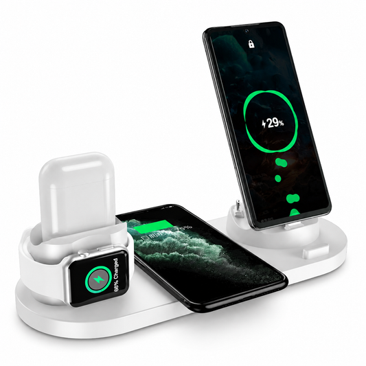 White oval charging station holding an upright phone on the right, a second phone lying flat in the middle, and a watch and white earbud case on the left.