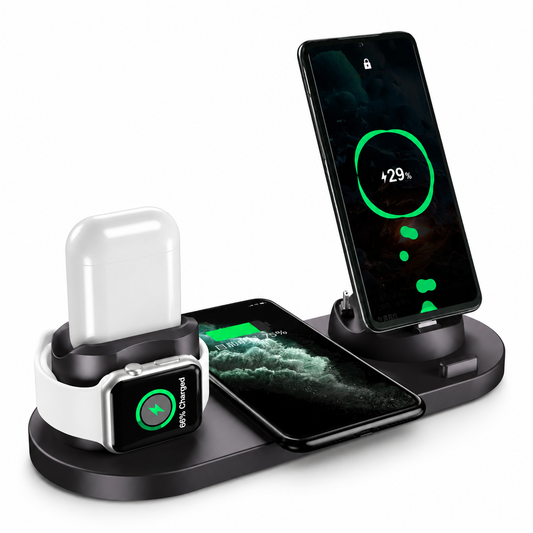 Black oval charging station holding an upright phone on the right, a second phone lying flat in the middle, and a watch and white earbud case on the left.