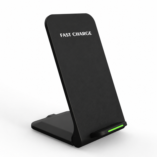 Black folding wireless charging stand with a tall rounded rectangular panel, a phone support lip and a green indicator light on its base.