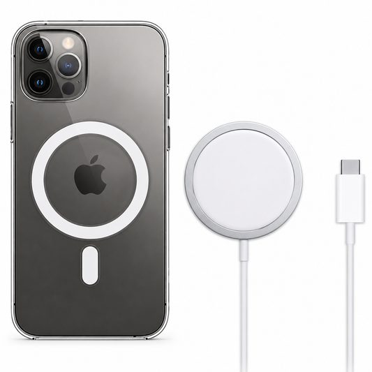 A gray phone in a clear ringed case stands beside a white circular charging puck and its USB-C cable end against white.