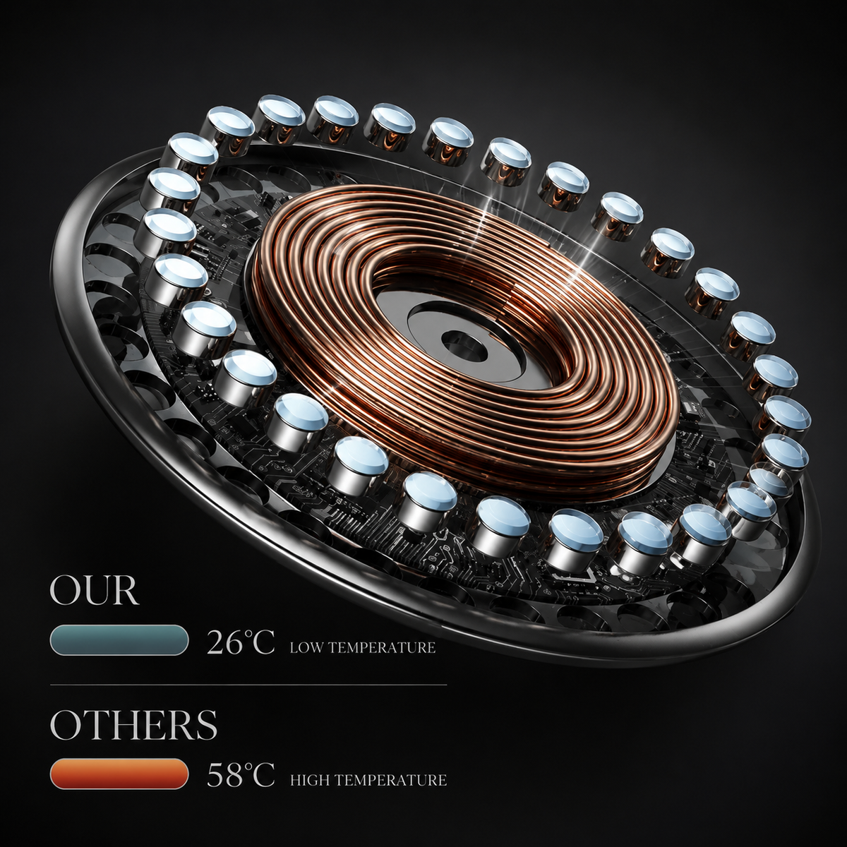 A cutaway charging puck reveals a copper coil encircled by illustrated components. Text compares claimed operating temperatures of 26 and 58 degrees Celsius.