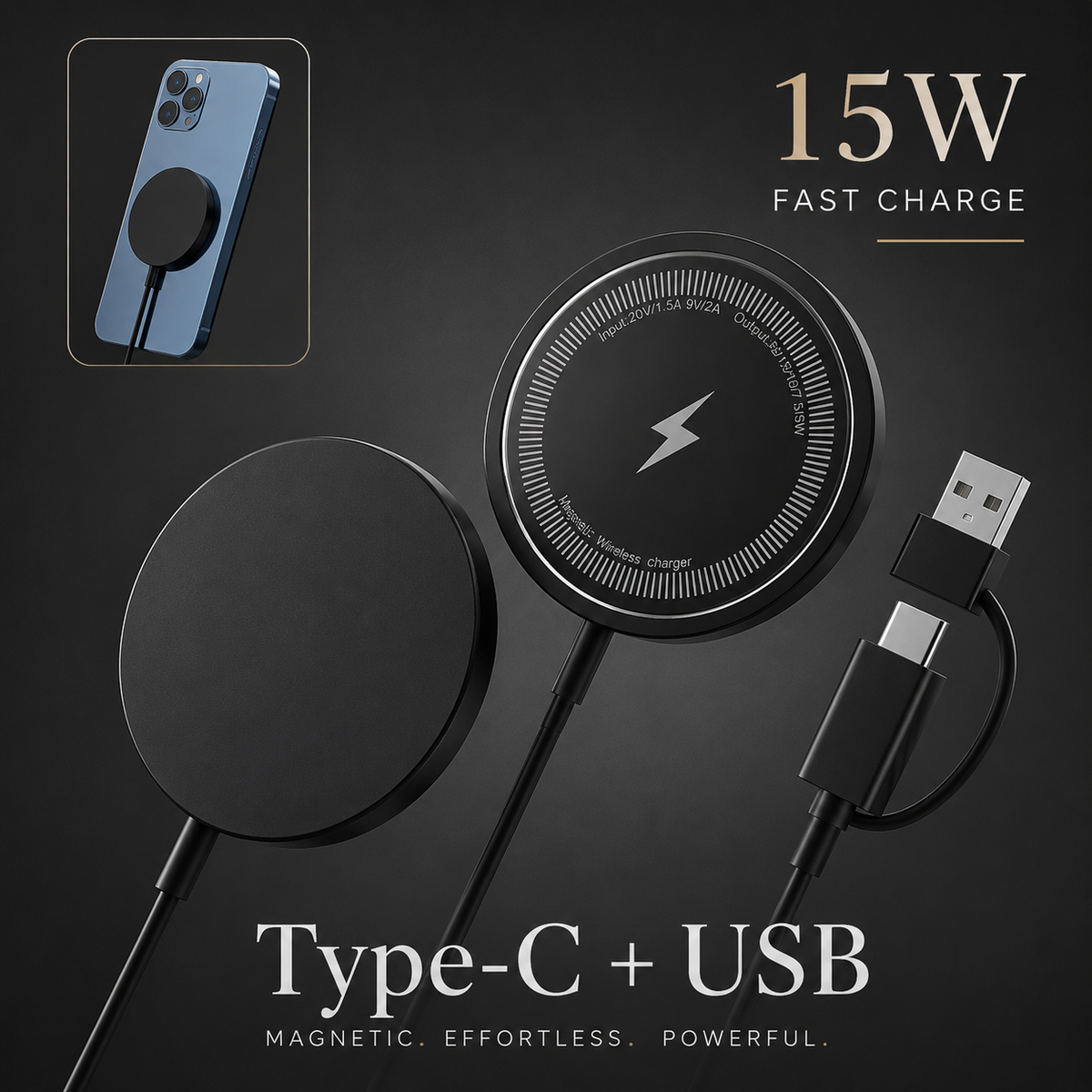 Front and rear black puck views appear beside USB-C and USB-A connectors. An inset shows attachment to a phone; text advertises 15W charging.