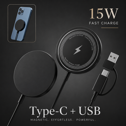 Front and rear black puck views appear beside USB-C and USB-A connectors. An inset shows attachment to a phone; text advertises 15W charging.