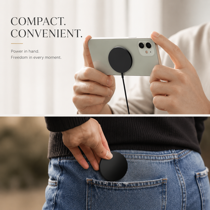Two photos demonstrate a compact black circular charger: hands hold a white phone horizontally with the puck attached to its back and its cable hanging down, then a hand slips the detached puck into the front pocket of blue jeans.