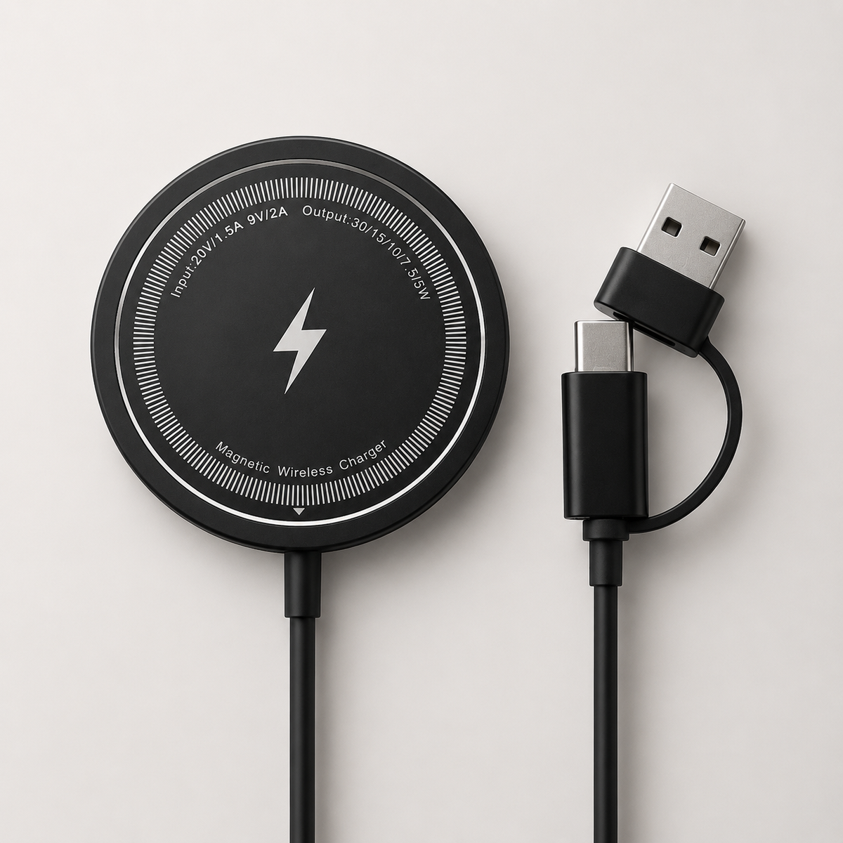 A close front view shows a black charging puck's lightning symbol, striped ring and printed electrical specifications beside its dual connector cable.