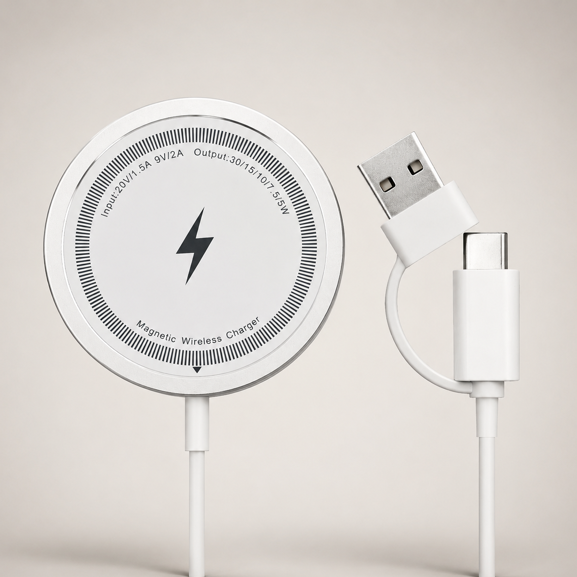 A close front view shows a silver-colored charging puck's lightning symbol, striped ring and printed electrical specifications beside its white dual connector cable.