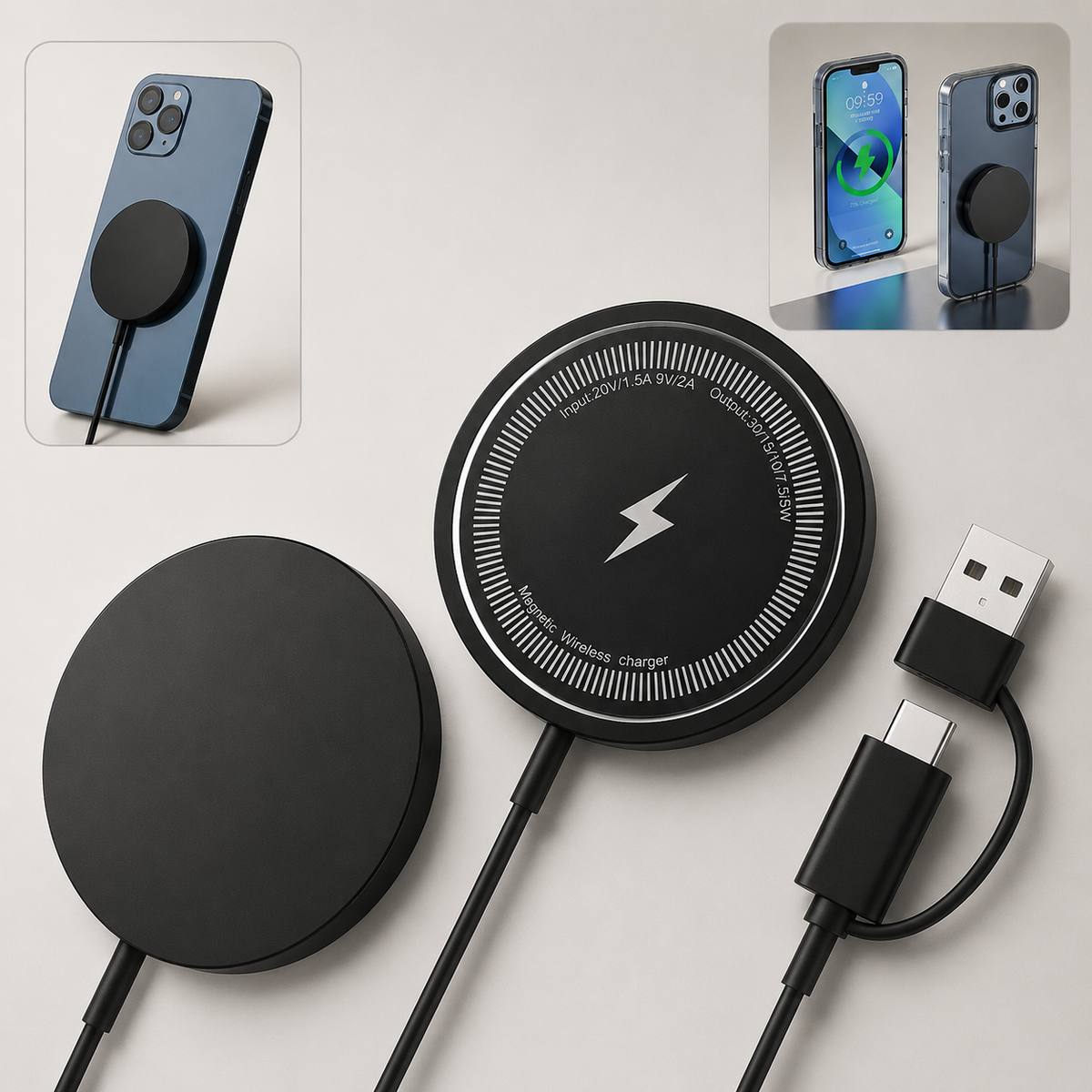 Front and rear black puck views appear beside USB-C and USB-A ends, with small phone photos illustrating attachment and charging.