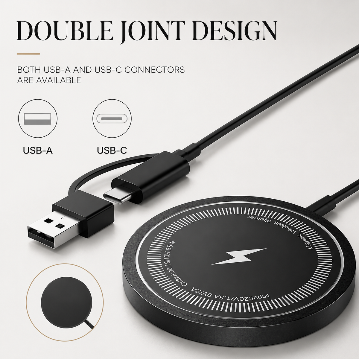 A black charging puck appears beside a cable with USB-C and tethered USB-A connector. Icons and text identify the two connection options.