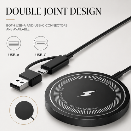 A black charging puck appears beside a cable with USB-C and tethered USB-A connector. Icons and text identify the two connection options.