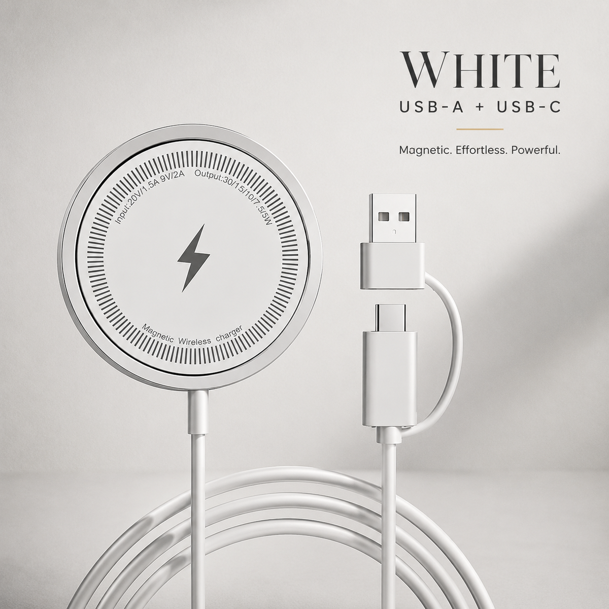 A white circular charging puck is displayed upright above its coiled white cable on a pale background. A dark lightning-bolt symbol and fine striped border decorate its face. The cable ends in USB-C with a tethered USB-A adapter beside it.