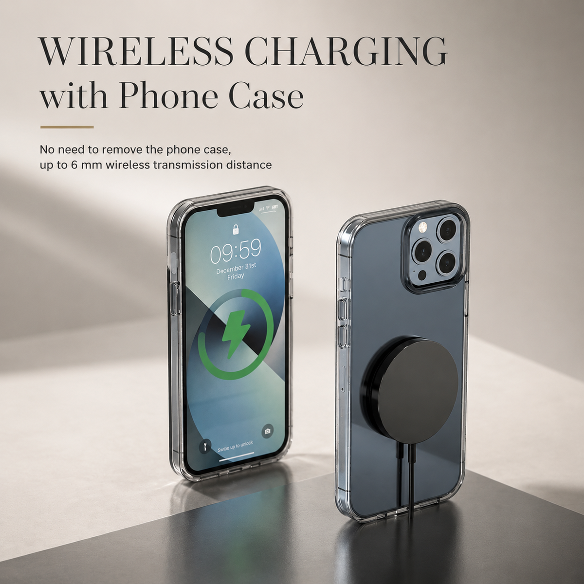 Front and rear views of a clear-cased blue phone show a green charging graphic and attached black puck. Text advertises charging through a case.