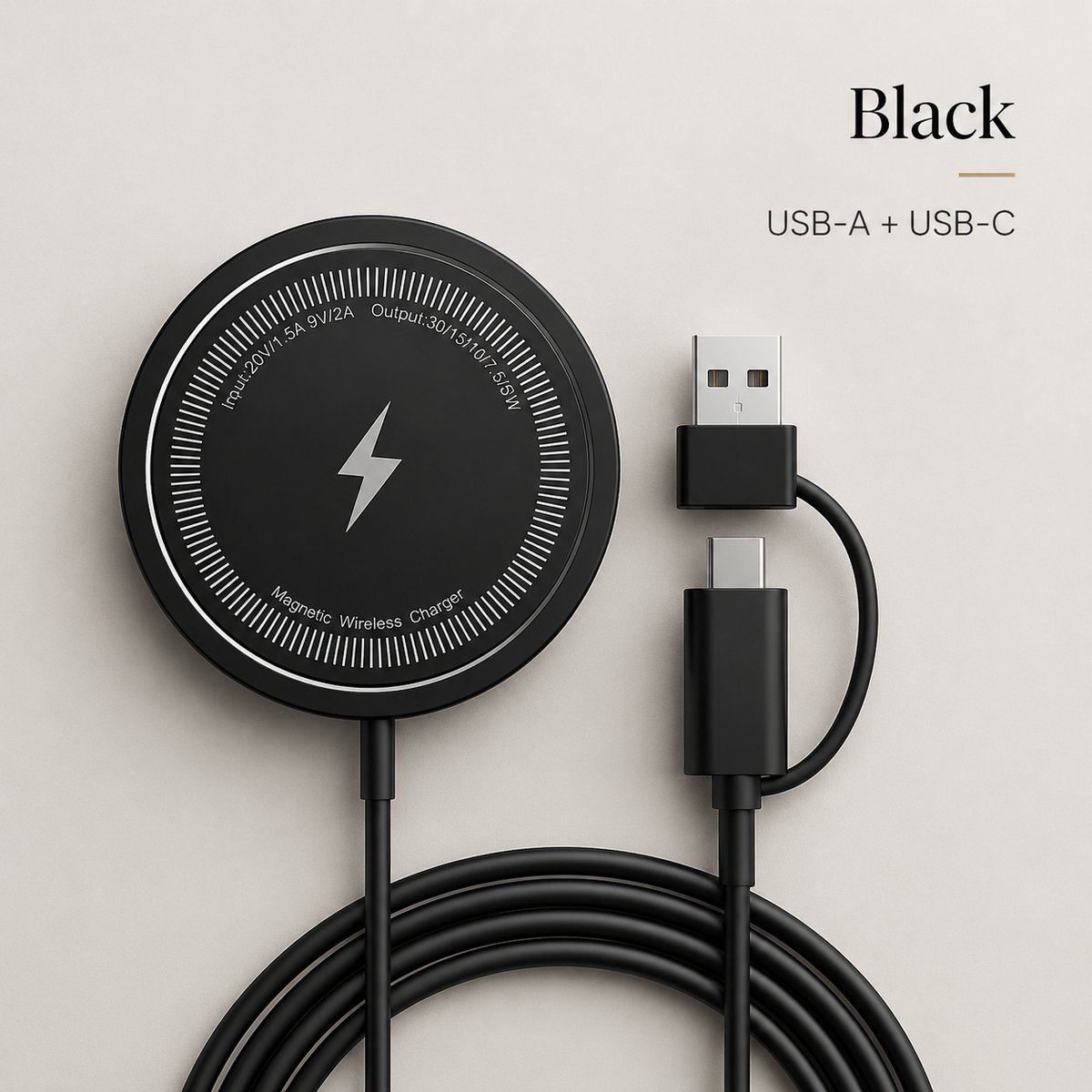A black circular charging puck is displayed upright above its coiled black cable on a pale background. A white lightning-bolt symbol and fine striped border decorate its face. The cable ends in USB-C with a tethered USB-A adapter beside it.