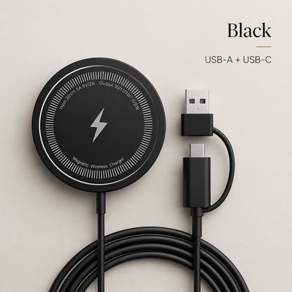 A black circular charging puck is displayed upright above its coiled black cable on a pale background. A white lightning-bolt symbol and fine striped border decorate its face. The cable ends in USB-C with a tethered USB-A adapter beside it.