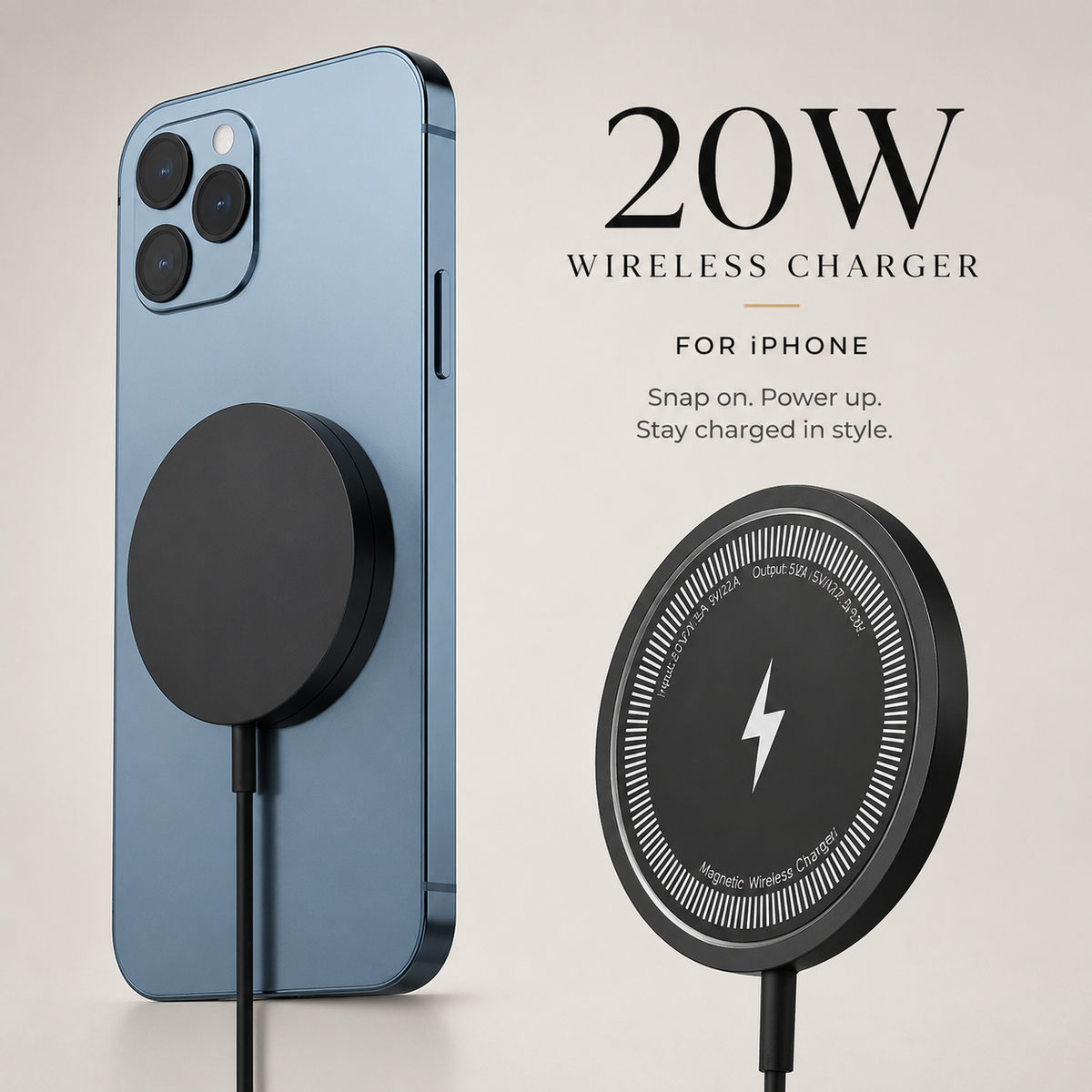 A black puck attaches to a blue phone beside a separate front puck view. Text advertises a 20W wireless charger for iPhone.