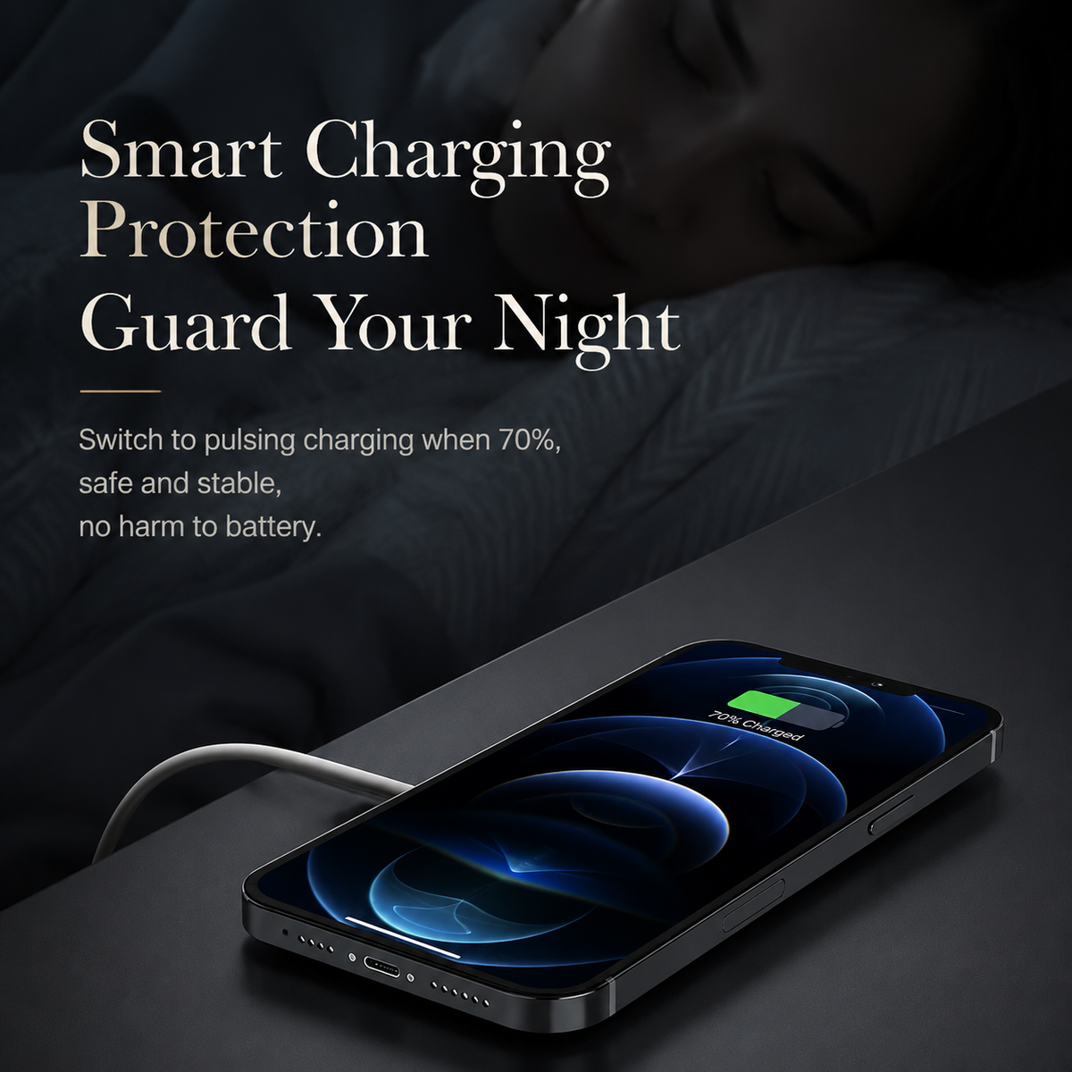 A phone charges beside dark bedding, displaying a green battery graphic. Text claims protective charging behavior after reaching 70 percent.