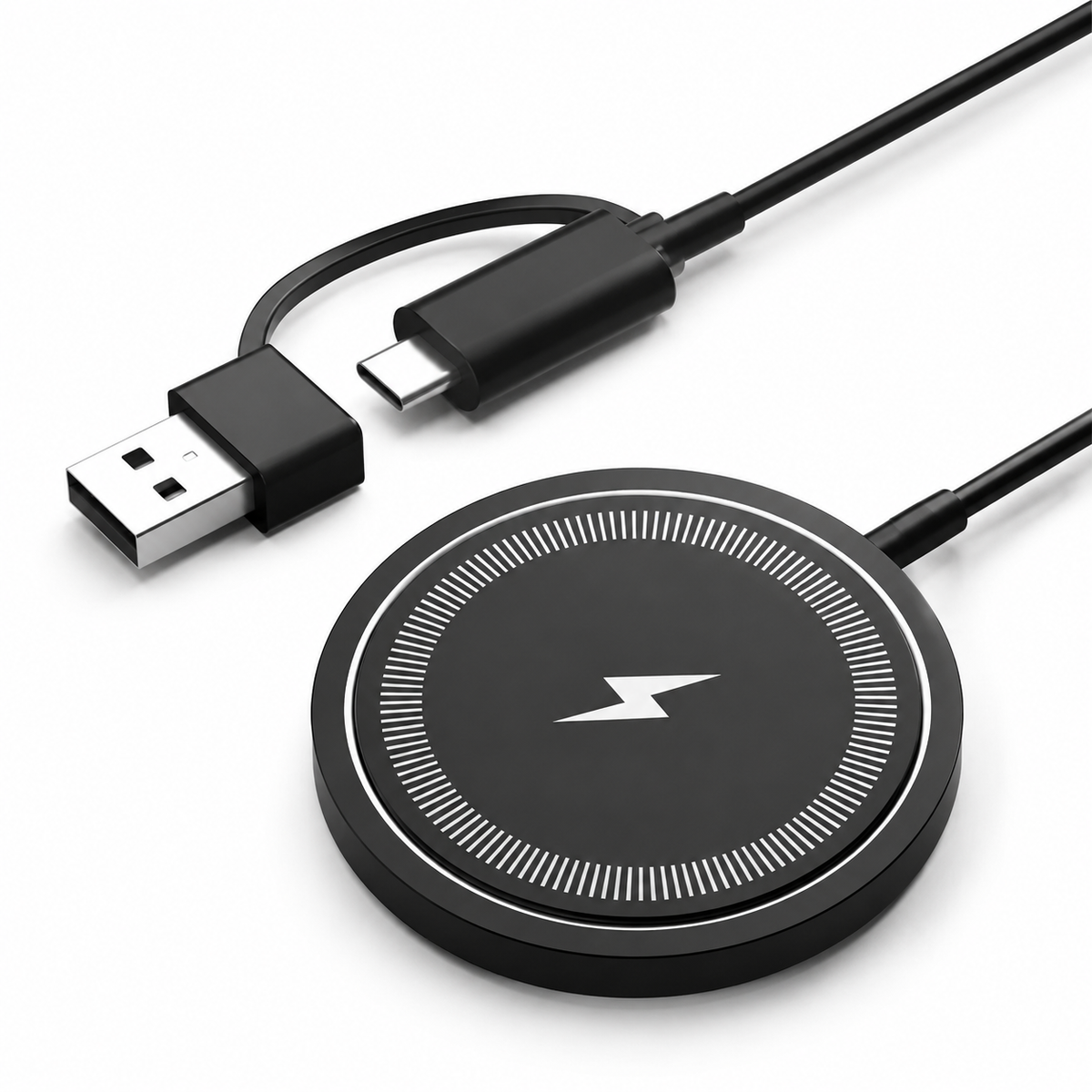 A black circular charging puck with a white lightning symbol and fine striped ring appears beside its USB-C cable and attached USB-A adapter.