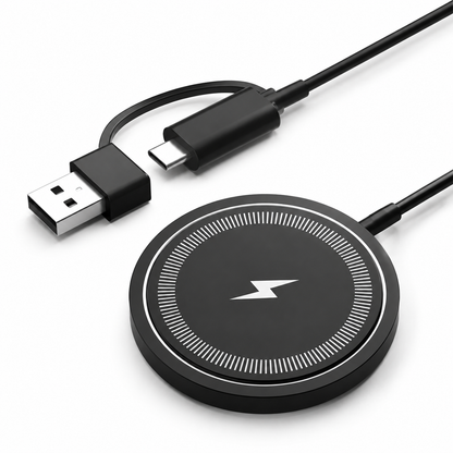 A black circular charging puck with a white lightning symbol and fine striped ring appears beside its USB-C cable and attached USB-A adapter.