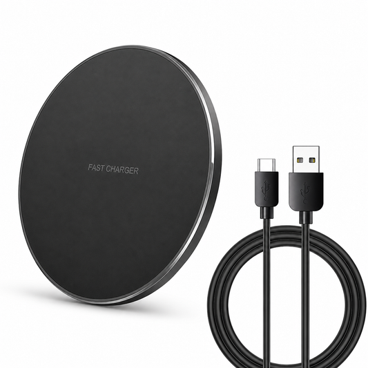 A thin round black charging pad marked 'Fast Charger' stands beside a coiled black cable with USB-C and USB-A connectors.