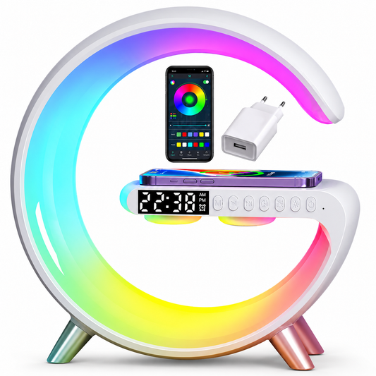 A white G-shaped lamp glows in rainbow colors around a flat central charging shelf. Its digital clock and round control buttons face forward, while a phone displaying a color-control app and a white wall adapter are illustrated above.