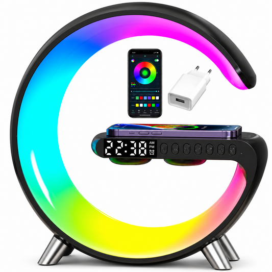A black G-shaped lamp glows in rainbow colors around a flat central charging shelf. Its digital clock and round control buttons face forward, while a phone displaying a color-control app and a white wall adapter are illustrated above.