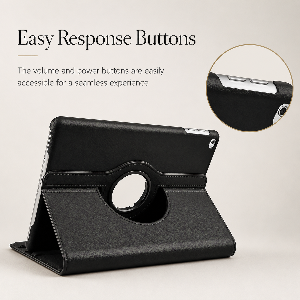 A black tablet case is shown from behind in its horizontal stand position. An inset highlights access to the tablet's top-edge buttons.
