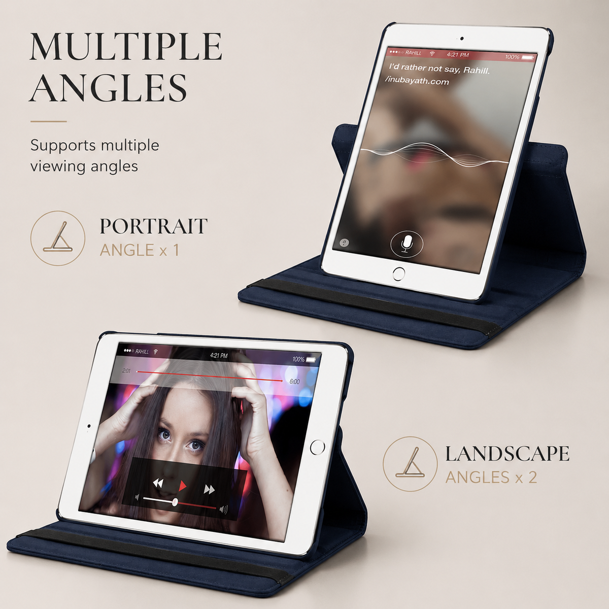 Three views show a navy tablet folio supporting a screen upright in portrait orientation and at two horizontal viewing angles.