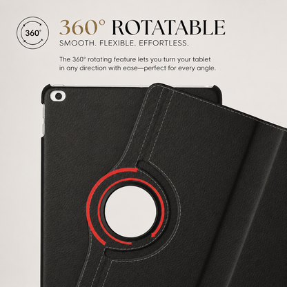 A black tablet case's circular back pivot is surrounded by red arrows labeled 360 degrees, with the tablet turned slightly to illustrate rotation.