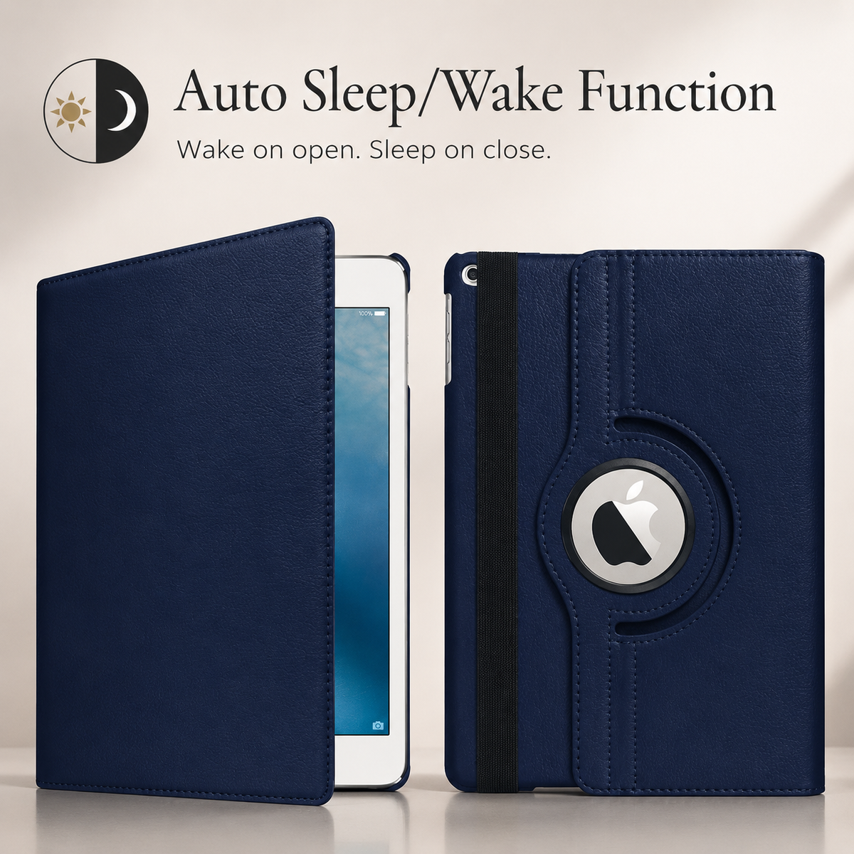 A navy folio is shown partly open and closed from behind, revealing its circular logo opening and black elastic strap. Text advertises automatic sleep and wake.