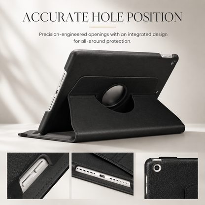 A black tablet folio supports a tablet horizontally. Three detail panels show openings for the buttons, charging port and speaker, and rear camera.