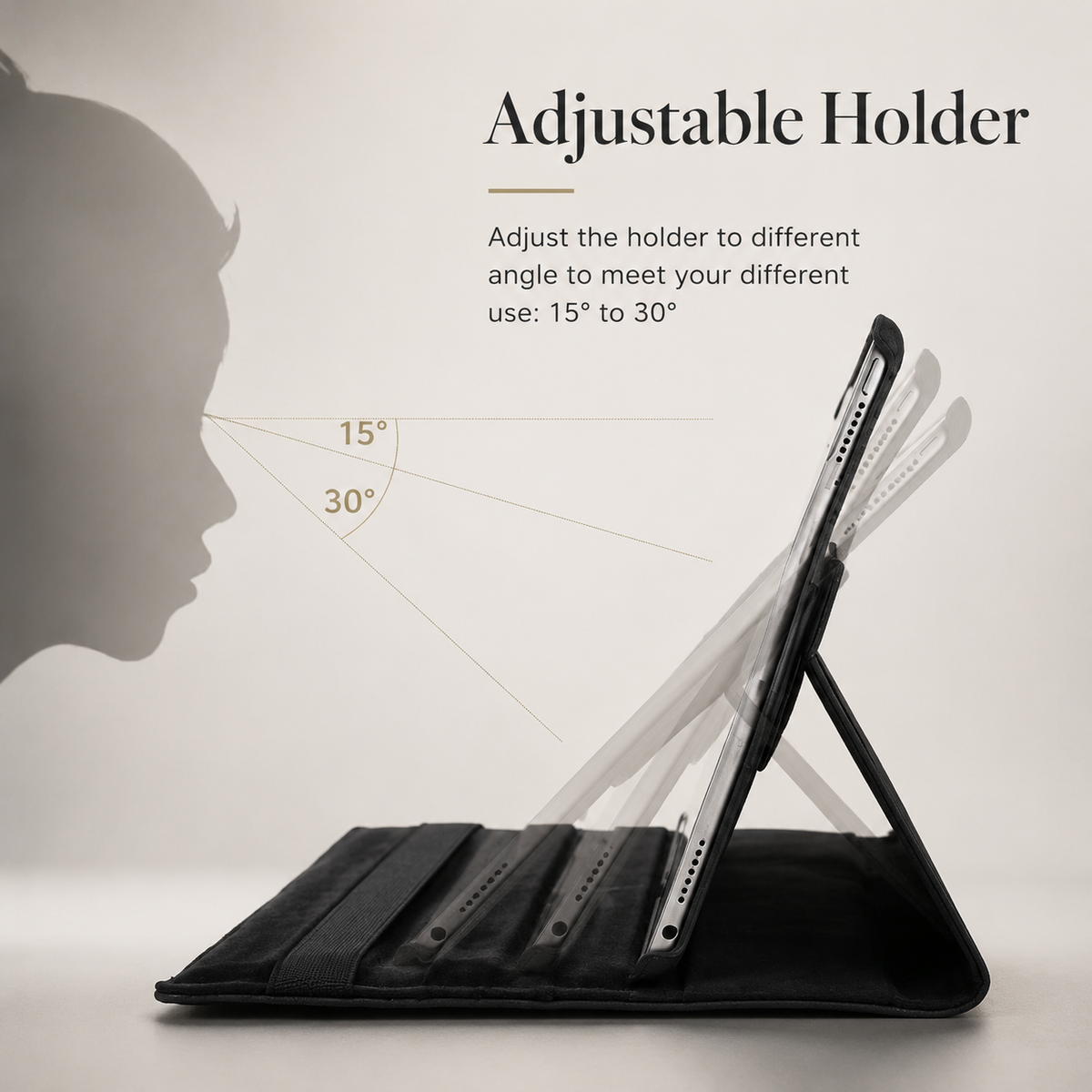 Side view of a white-bezel tablet in a black folio stand, with ghosted screen positions and lines marked 15 and 30 degrees illustrating viewing angles.