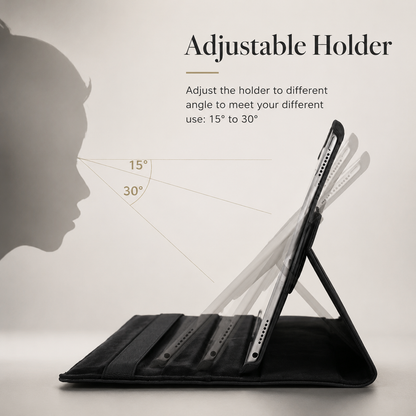Side view of a white-bezel tablet in a black folio stand, with ghosted screen positions and lines marked 15 and 30 degrees illustrating viewing angles.