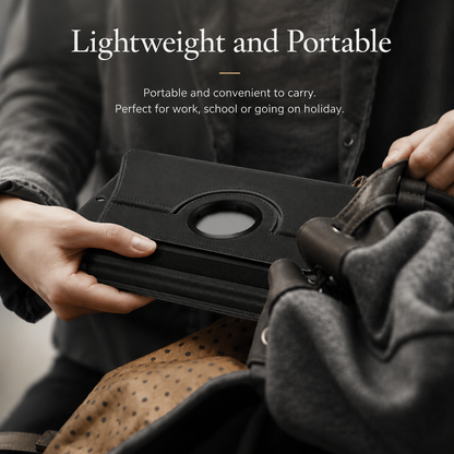A person slides a closed black tablet folio into a dark backpack. Text describes the case as lightweight and portable.