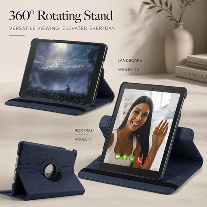 A navy rotating folio holds a tablet horizontally with a stormy sky on screen and vertically for a video call with a waving woman.