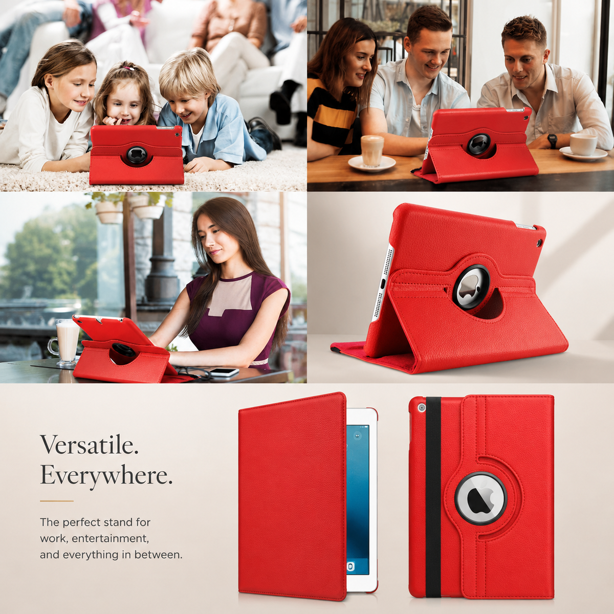 A collage shows a red tablet folio used by children lying on the floor, adults gathered over coffee, and a woman alone, alongside open and rear stand views.