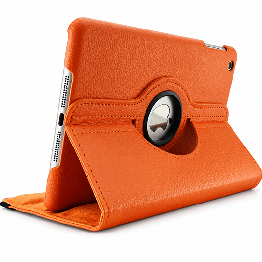 A tablet rests horizontally in an orange leather-look folio case folded into a triangular stand, with stitching around the circular Apple logo opening on its rotating back.