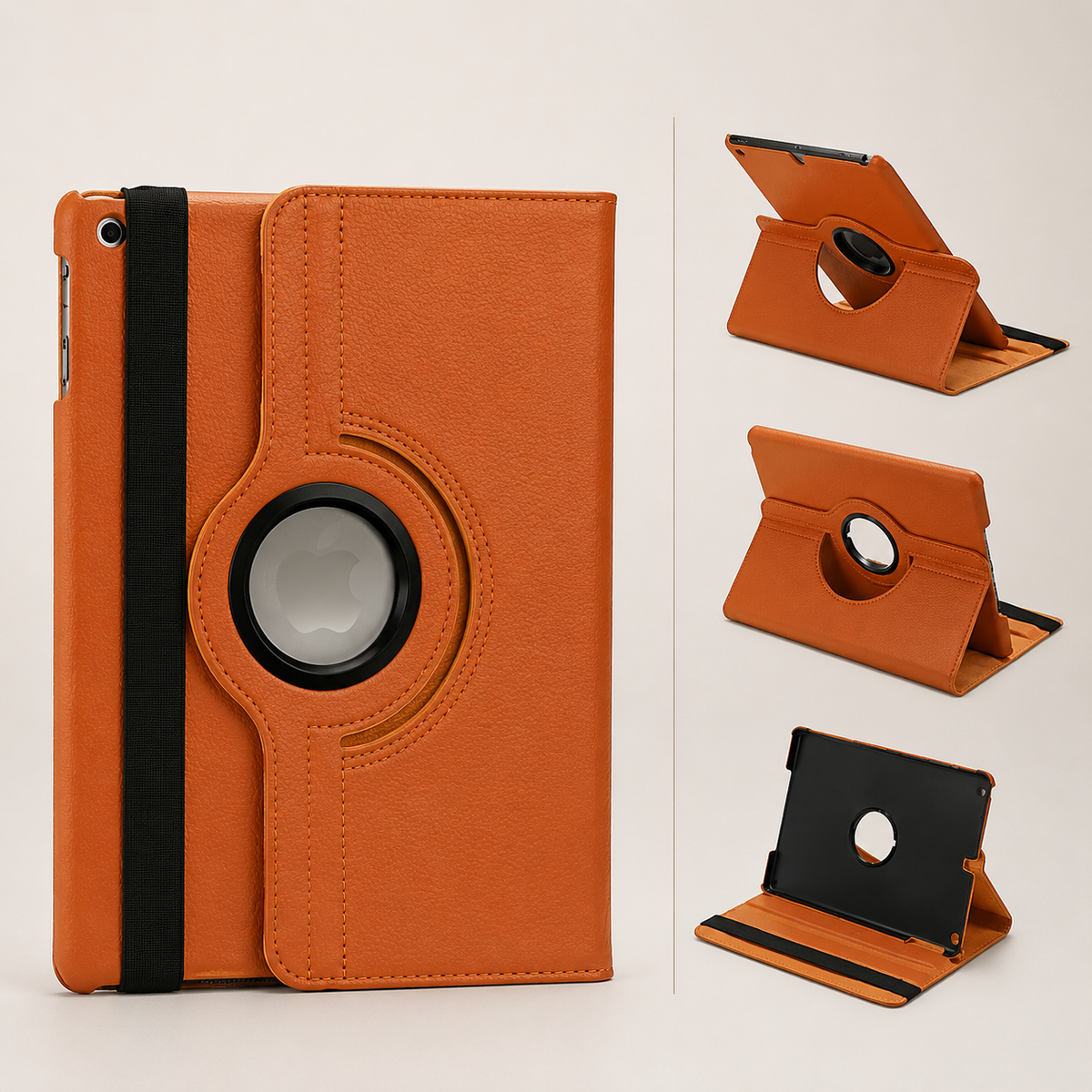An orange tablet folio is shown closed from behind with a black elastic strap and circular logo opening. Smaller views show its stand and empty black interior tray.