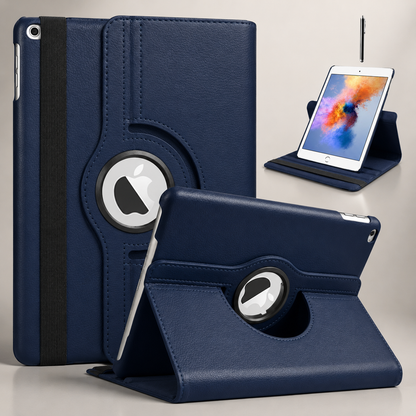 A navy tablet folio appears closed from behind and folded into a horizontal stand. A smaller portrait screen shows colorful paint, with a stylus beside it.