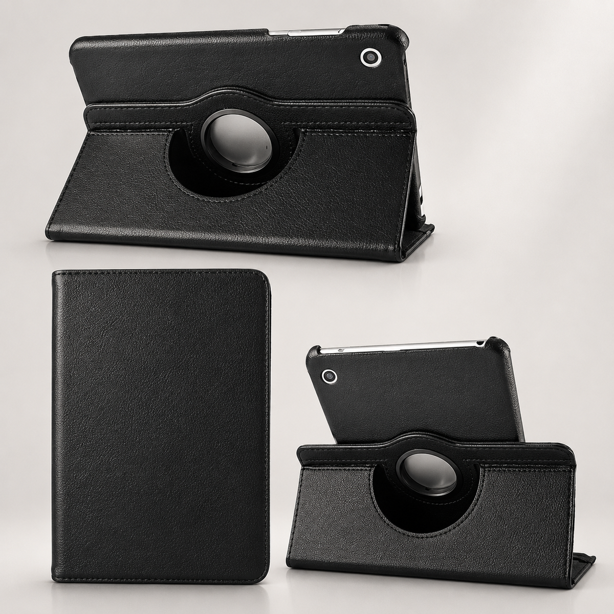 Three views of a black tablet folio show its plain closed front and the back of the tablet supported horizontally on the folded cover.