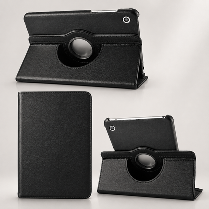 Three views of a black tablet folio show its plain closed front and the back of the tablet supported horizontally on the folded cover.