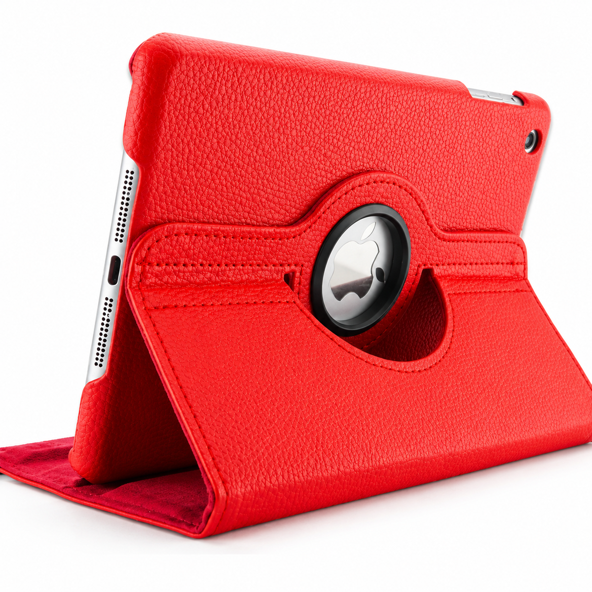 Rear view of a tablet supported horizontally by a red leather-look folio case. The folded cover forms a triangular stand beneath a circular Apple logo opening.