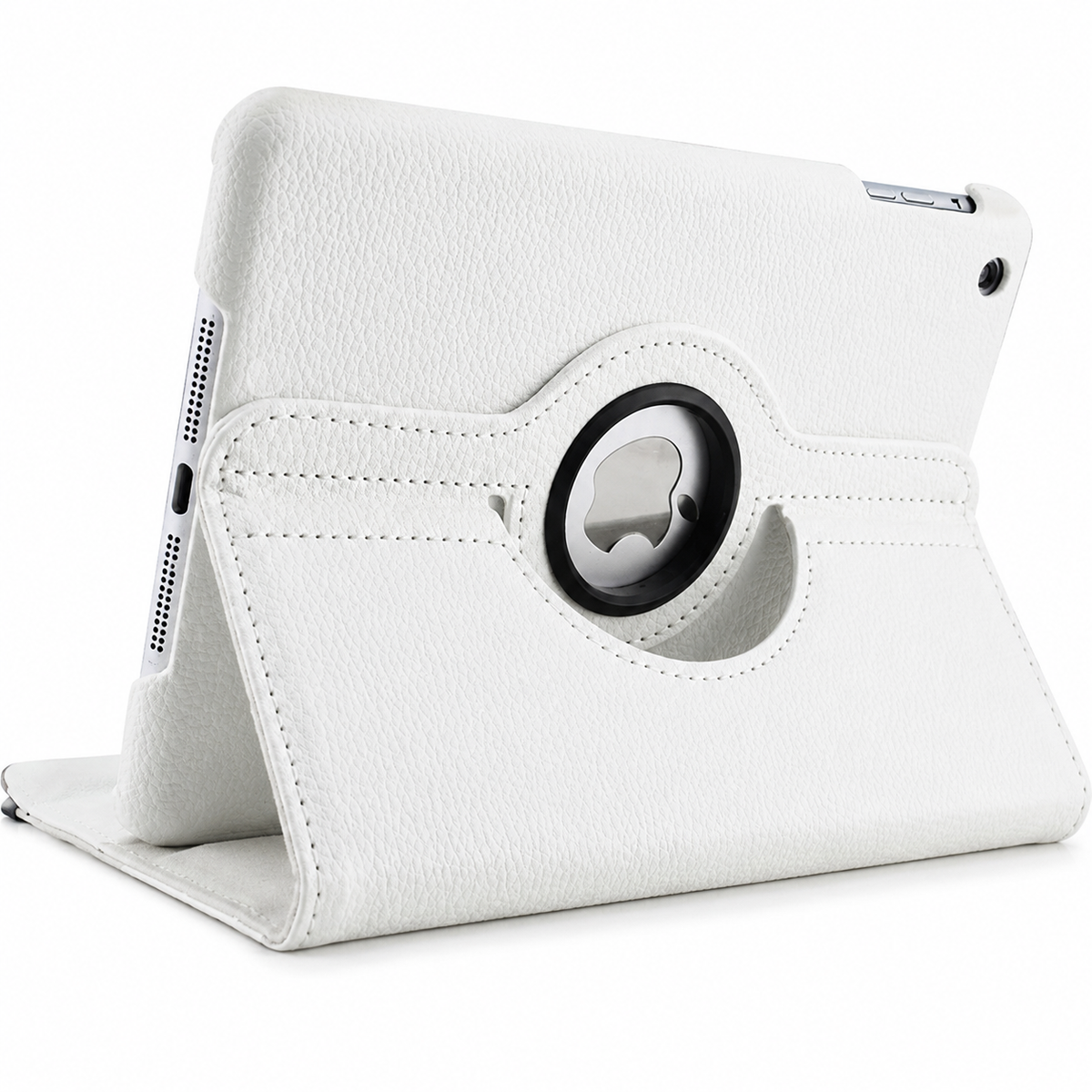 Rear view of a tablet supported horizontally by a white leather-look folio case, with a stitched rotating back and circular opening exposing the Apple logo.