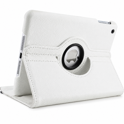 Rear view of a tablet supported horizontally by a white leather-look folio case, with a stitched rotating back and circular opening exposing the Apple logo.