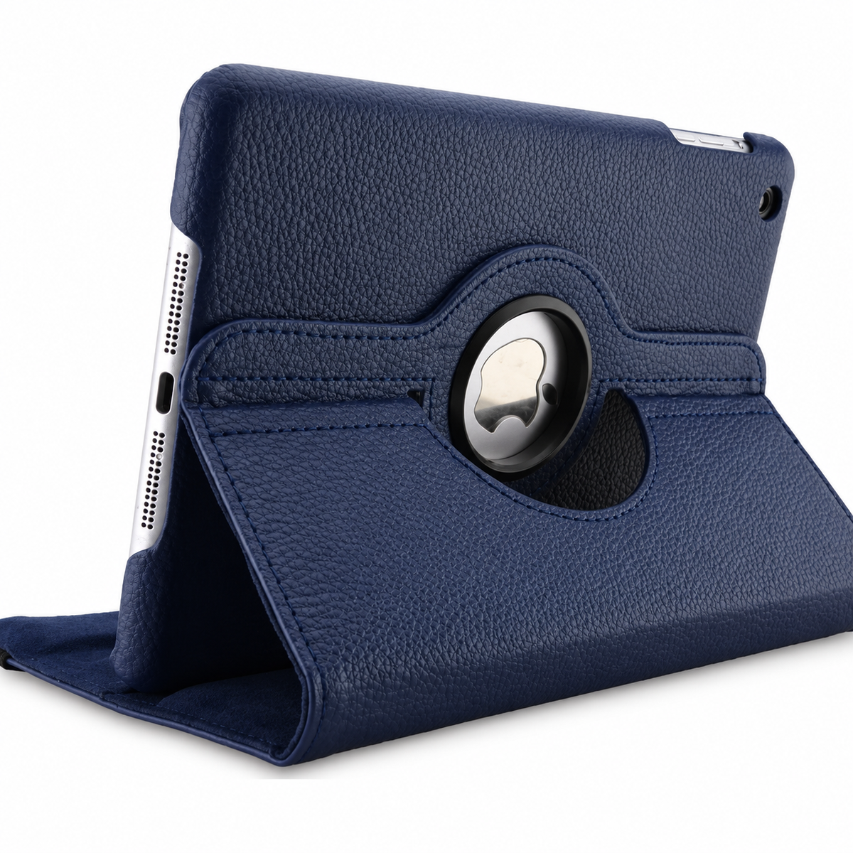 A navy leather-look tablet case folds into a triangular stand for horizontal viewing. The rotating back has a circular opening revealing the Apple logo.