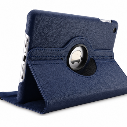 A navy leather-look tablet case folds into a triangular stand for horizontal viewing. The rotating back has a circular opening revealing the Apple logo.