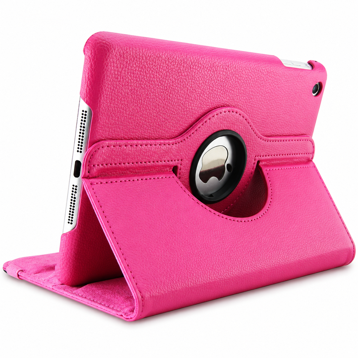 A bright pink leather-look folio case supports a tablet horizontally. Its stitched rotating back has a circular opening exposing the Apple logo.