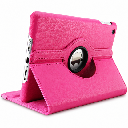 A bright pink leather-look folio case supports a tablet horizontally. Its stitched rotating back has a circular opening exposing the Apple logo.