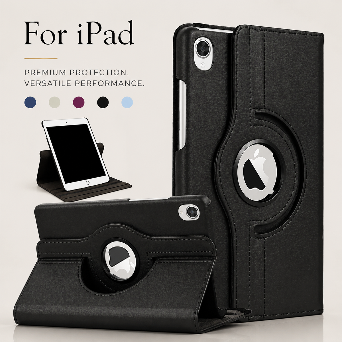 Three views of a black tablet folio show its closed back with an elastic closure strap and circular logo opening, plus front and rear views of the horizontal stand.