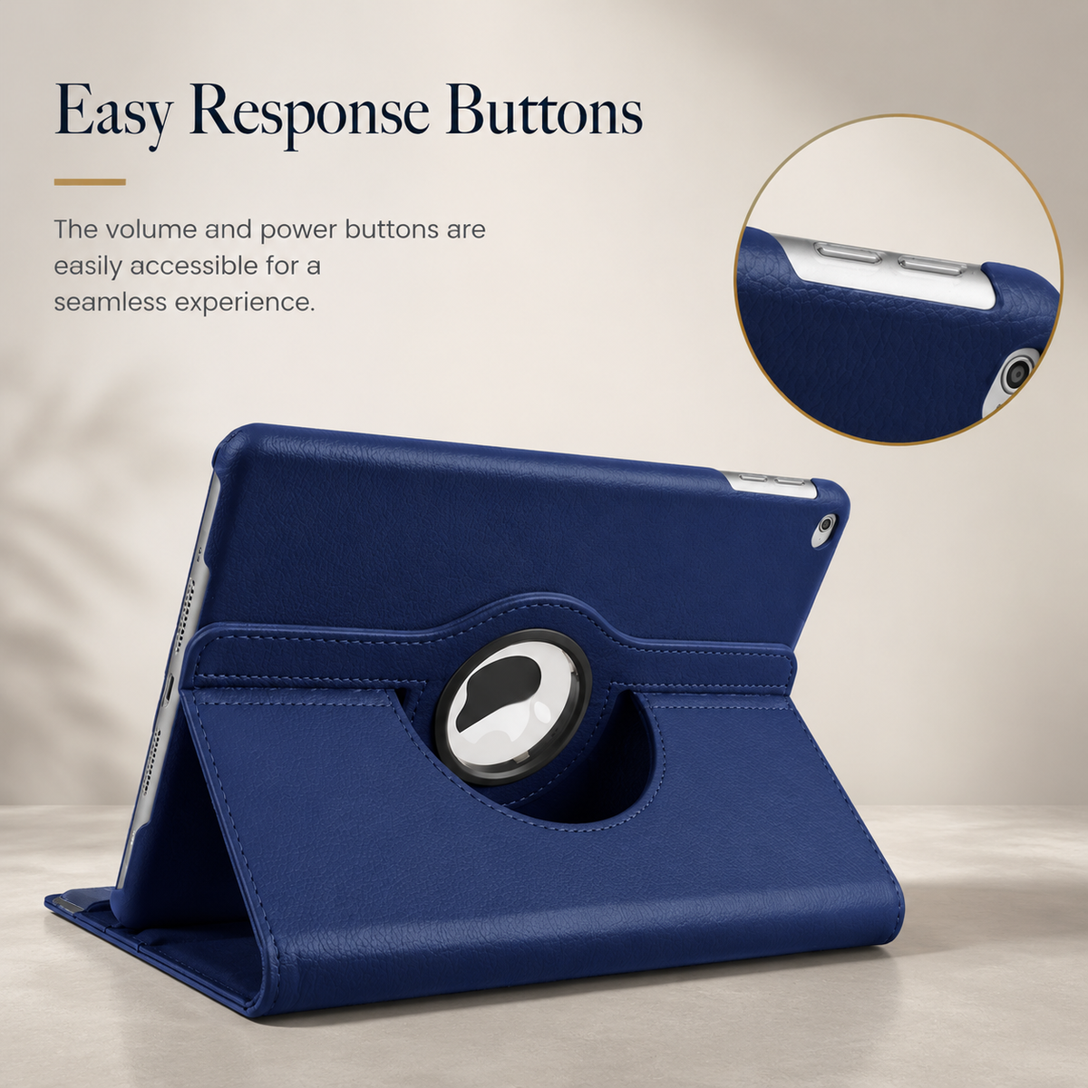 A navy tablet case is shown from behind in its horizontal stand position. An inset highlights the exposed buttons along the tablet's top edge.