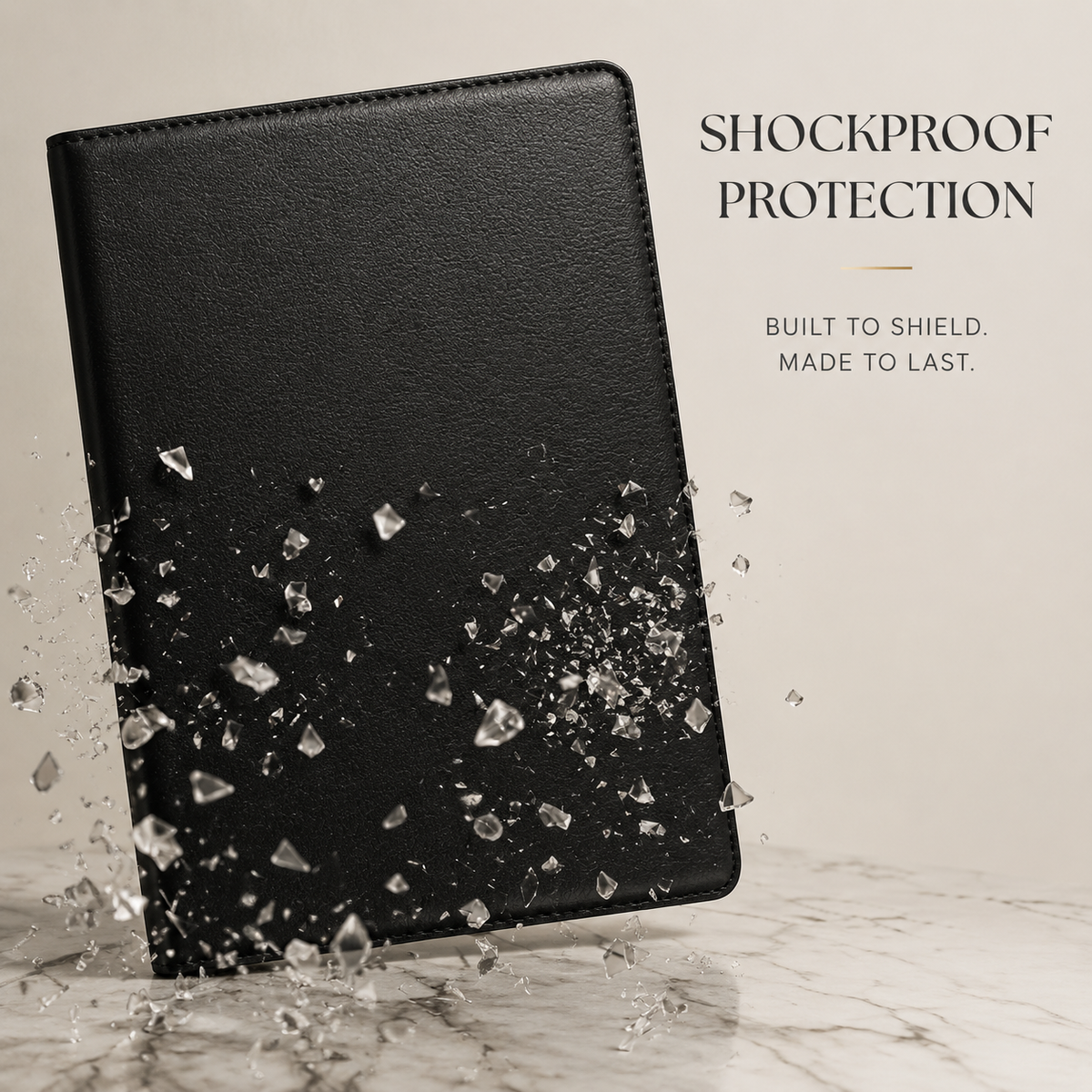 A closed black tablet folio stands upright amid illustrated flying fragments. The accompanying text advertises shock protection.